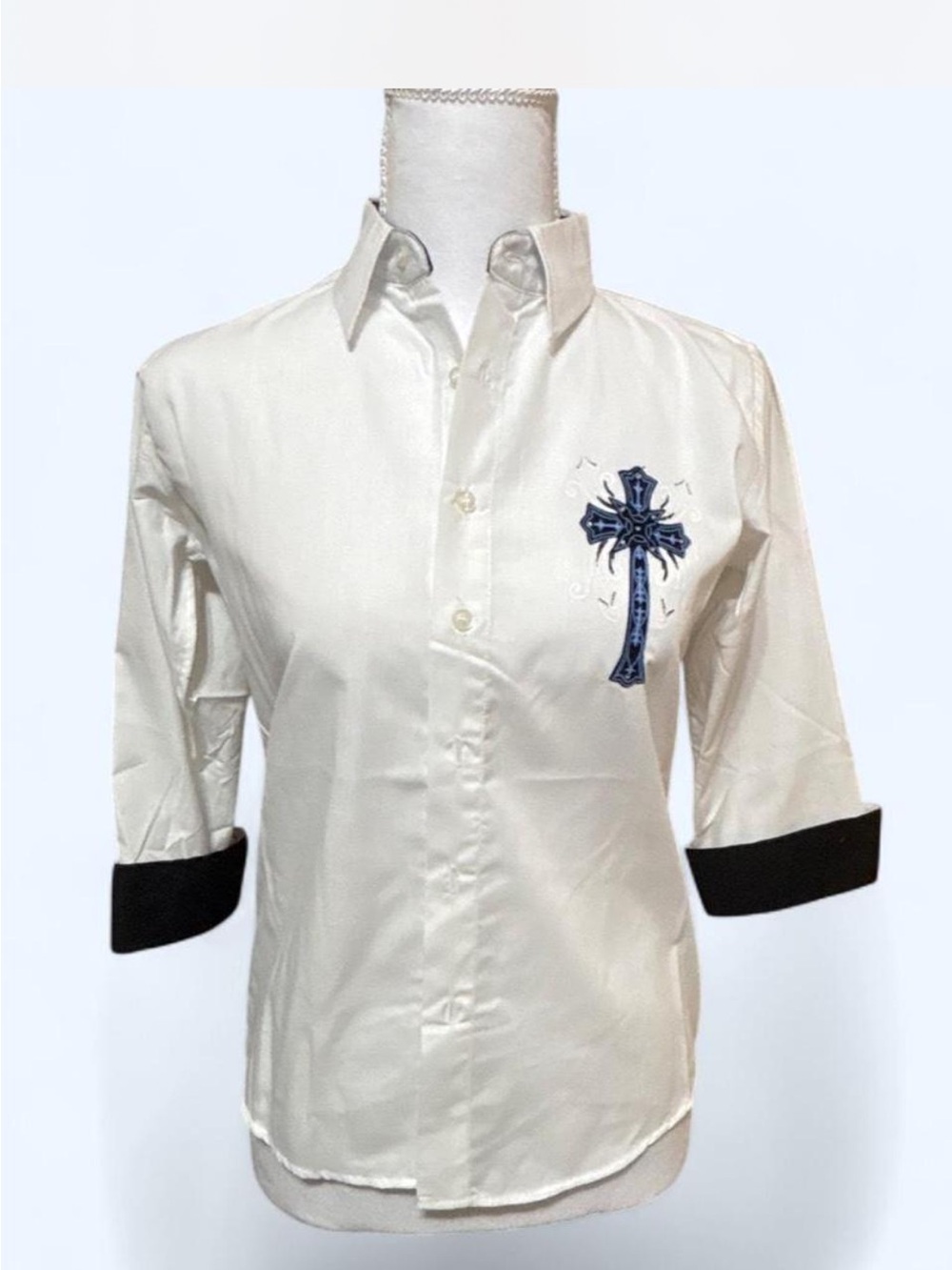 Gothic Cross Embroidered Shirt White Black 3/4 Sleeve Girls 18 Women’s XS